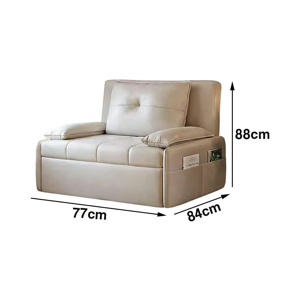 LIVARA 77/113cm Sofa Bed, Sofa to Bed Design, Leather-Look Performance Fabric, Steel Frame, Side Storage Pocket - Beige
