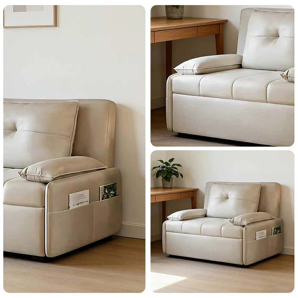LIVARA 77/113cm Sofa Bed, Sofa to Bed Design, Leather-Look Performance Fabric, Steel Frame, Side Storage Pocket - Beige