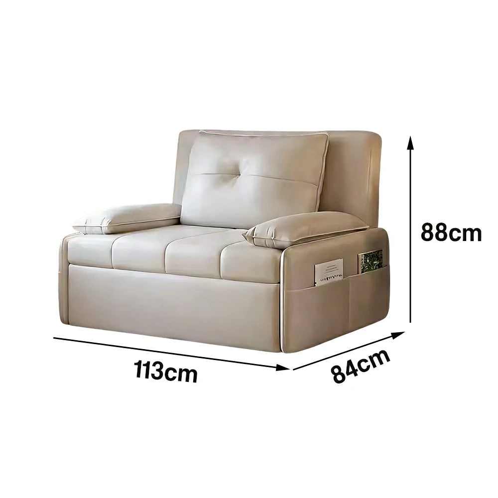 LIVARA 77/113cm Sofa Bed, Sofa to Bed Design, Leather-Look Performance Fabric, Steel Frame, Side Storage Pocket - Beige
