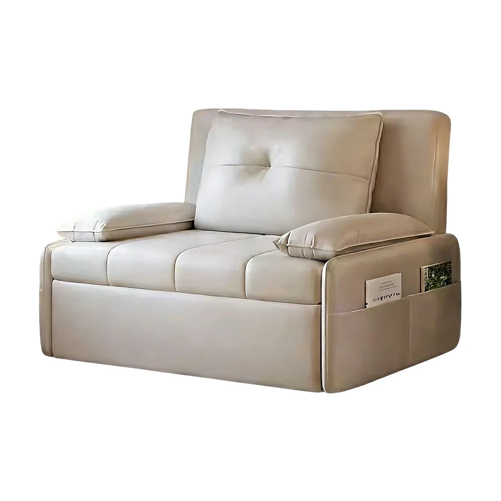 LIVARA 77/113cm Sofa Bed, Sofa to Bed Design, Leather-Look Performance Fabric, Steel Frame, Side Storage Pocket - Beige