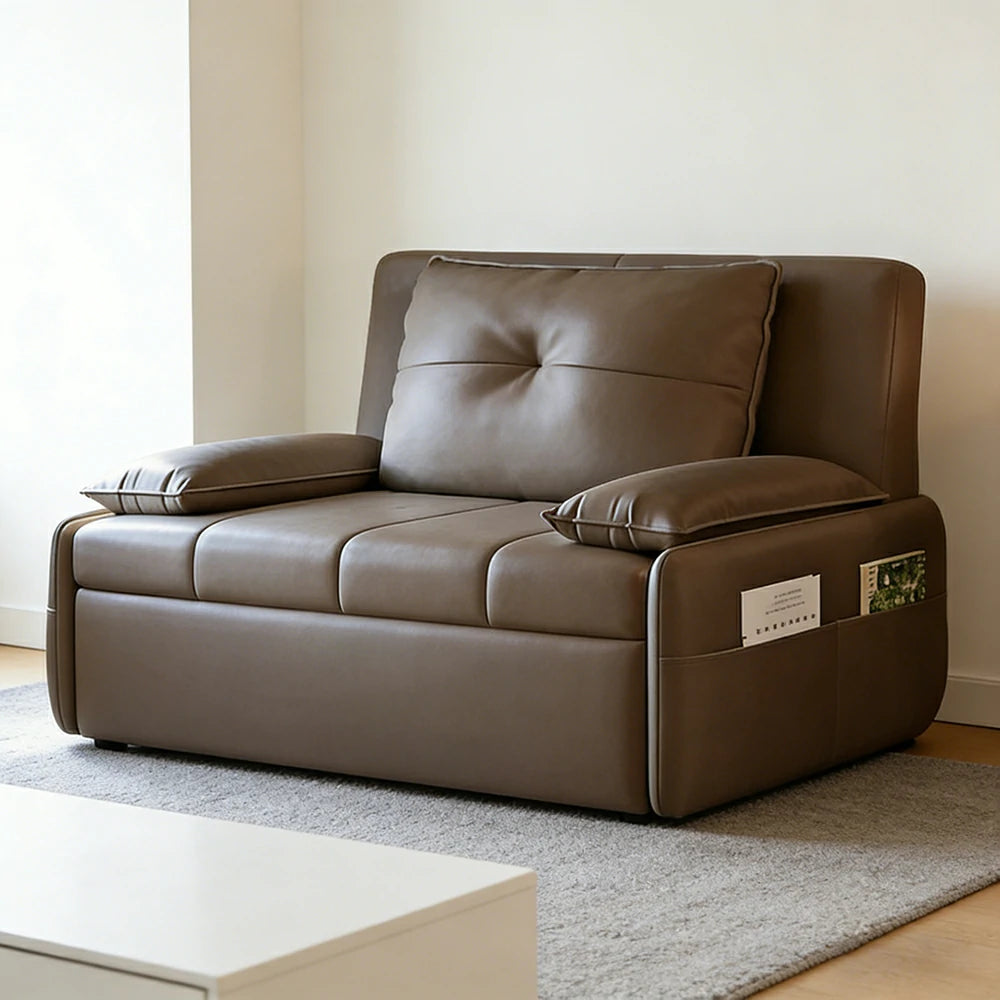 LIVARA 77/113cm Sofa Bed, Sofa to Bed Design, Leather-Look Performance Fabric, Steel Frame, Side Storage Pocket - Coffee