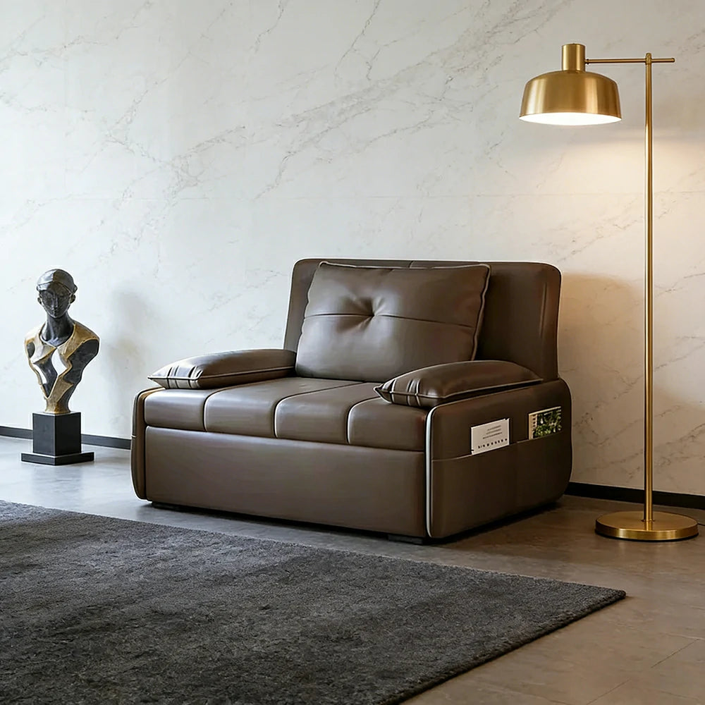 LIVARA 77/113cm Sofa Bed, Sofa to Bed Design, Leather-Look Performance Fabric, Steel Frame, Side Storage Pocket - Coffee