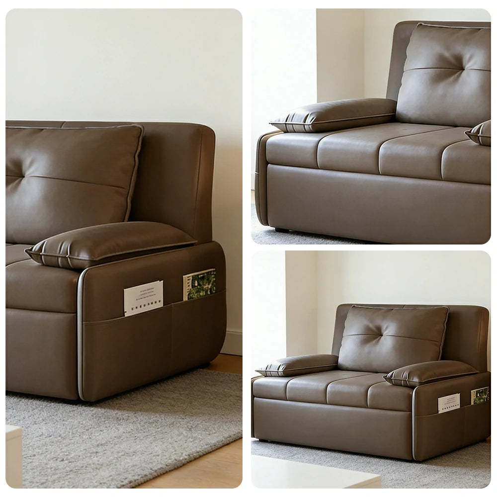 LIVARA 77/113cm Sofa Bed, Sofa to Bed Design, Leather-Look Performance Fabric, Steel Frame, Side Storage Pocket - Coffee