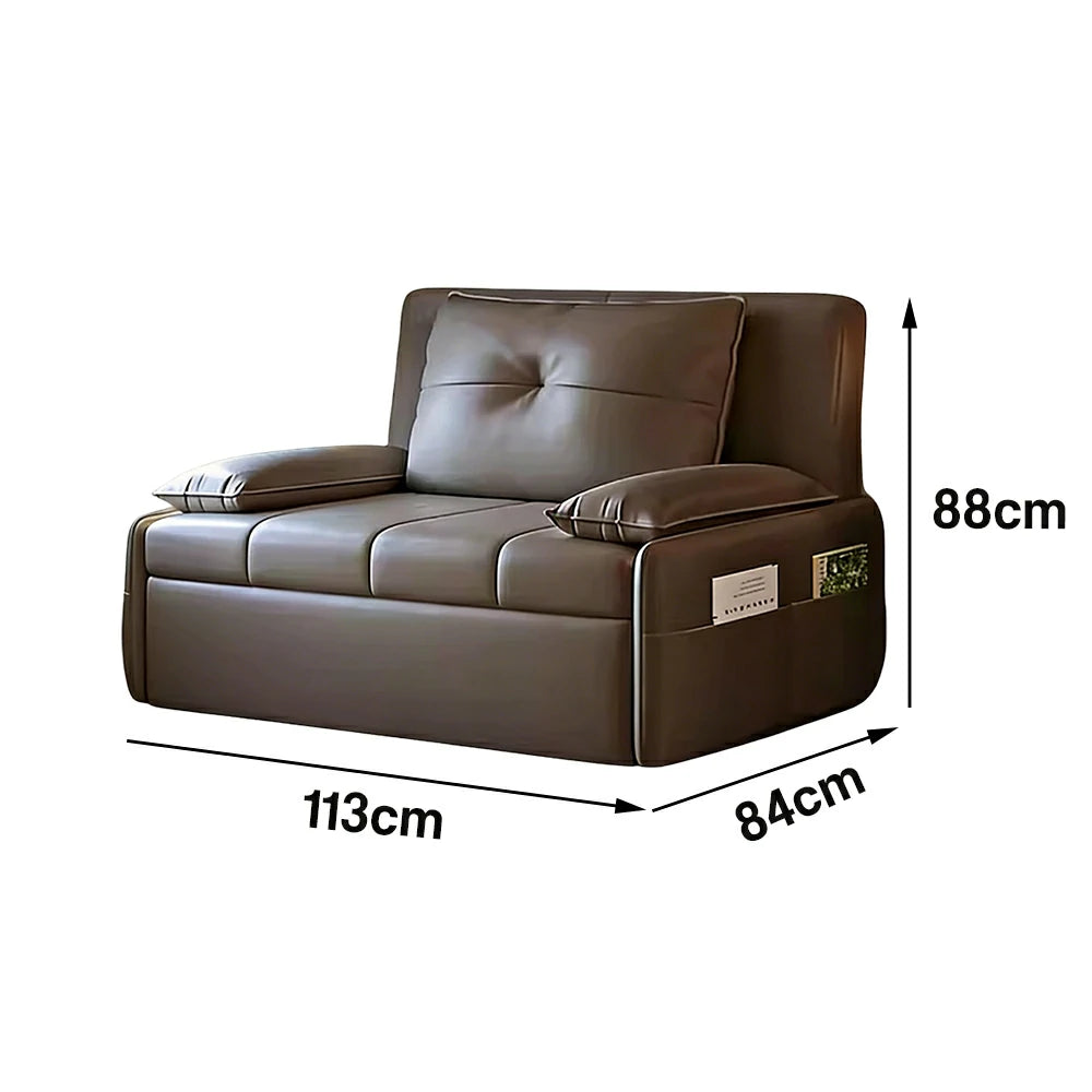 LIVARA 77/113cm Sofa Bed, Sofa to Bed Design, Leather-Look Performance Fabric, Steel Frame, Side Storage Pocket - Coffee