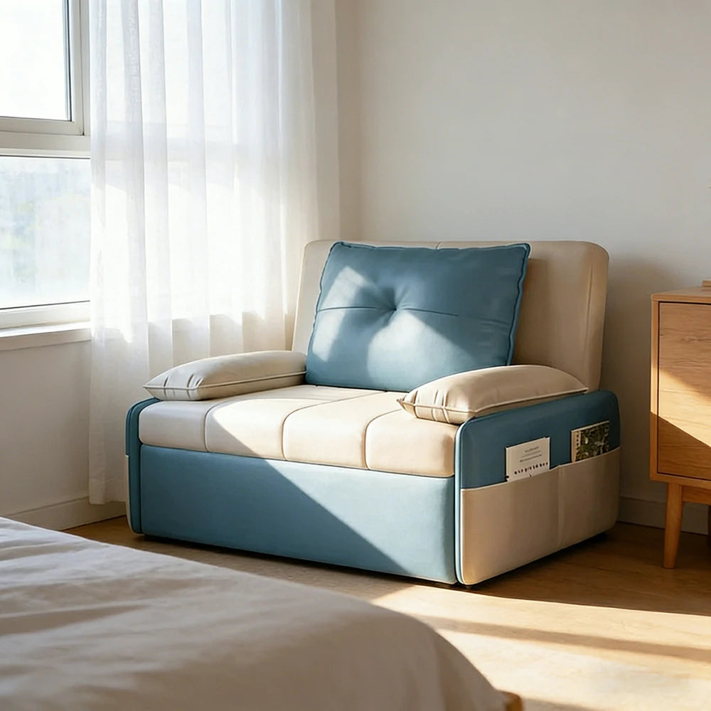 LIVARA 77/113cm Sofa Bed, Sofa to Bed Design, Leather-Look Performance Fabric, Steel Frame, Side Storage Pocket - Beige&Blue