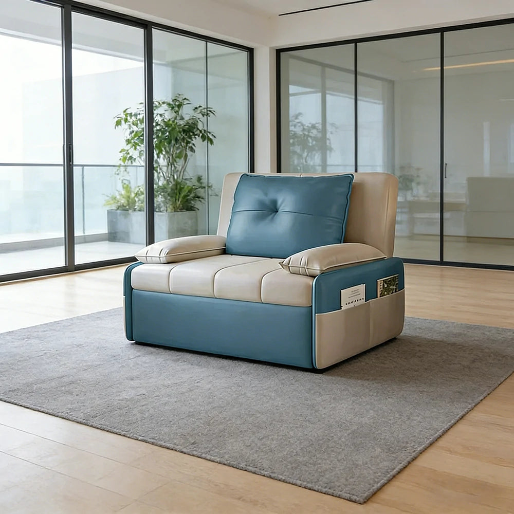 LIVARA 77/113cm Sofa Bed, Sofa to Bed Design, Leather-Look Performance Fabric, Steel Frame, Side Storage Pocket - Beige&Blue