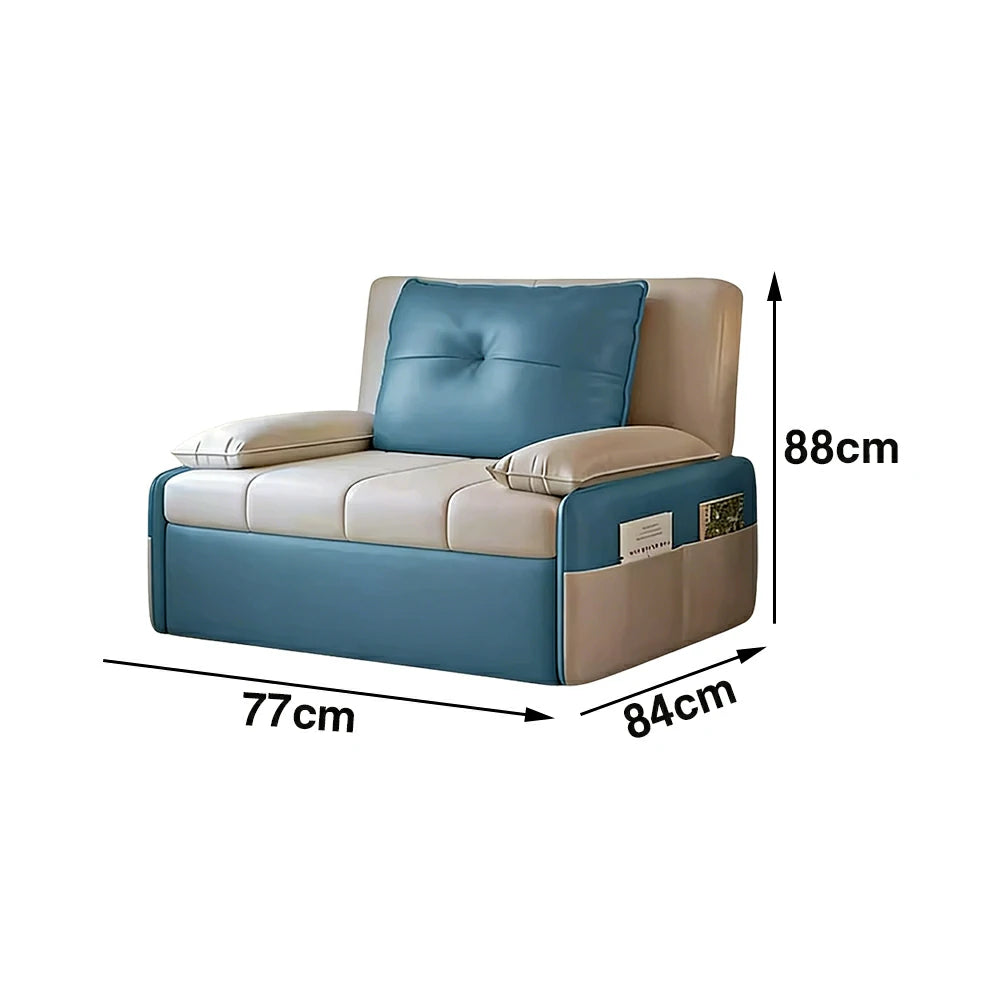 LIVARA 77/113cm Sofa Bed, Sofa to Bed Design, Leather-Look Performance Fabric, Steel Frame, Side Storage Pocket - Beige&Blue
