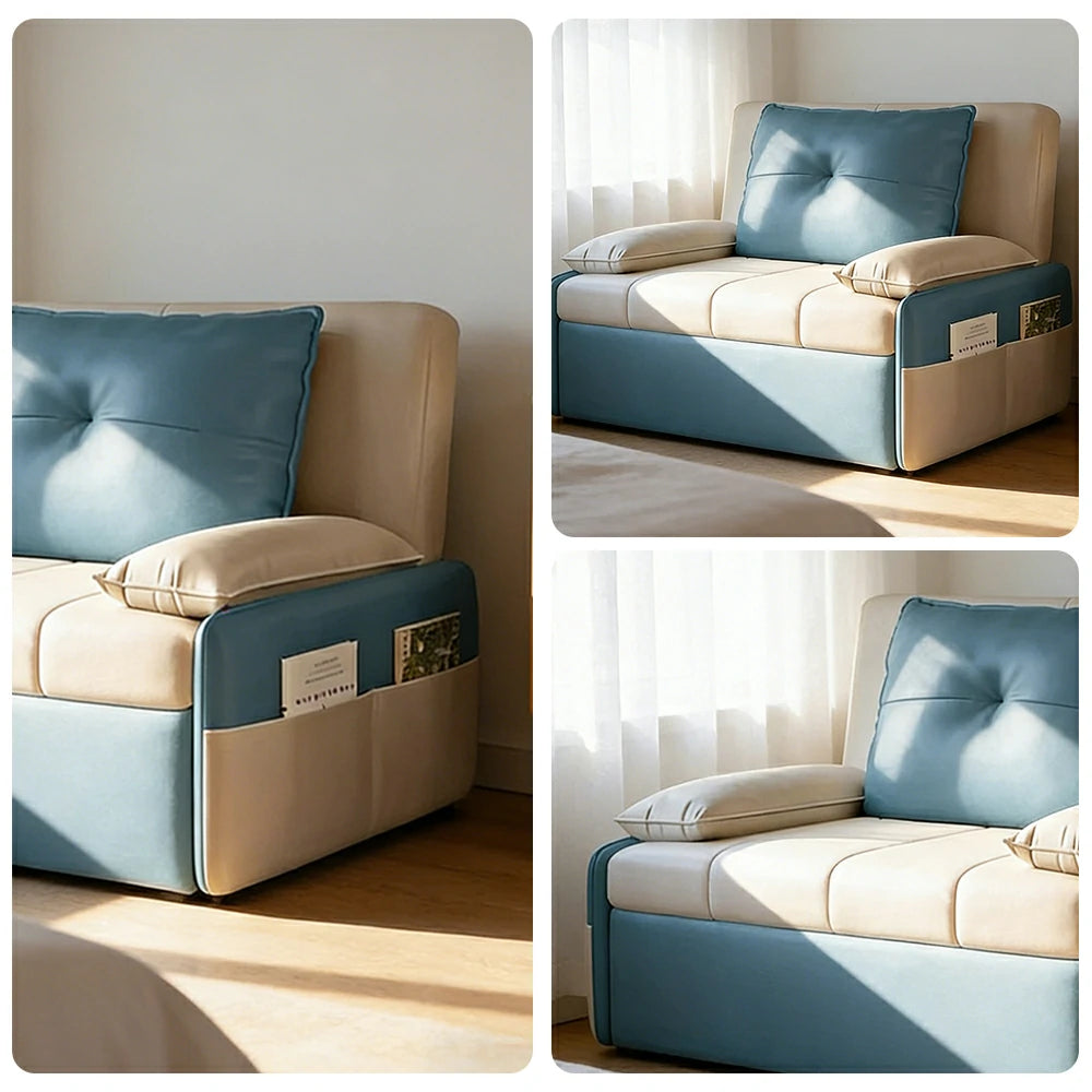 LIVARA 77/113cm Sofa Bed, Sofa to Bed Design, Leather-Look Performance Fabric, Steel Frame, Side Storage Pocket - Beige&Blue