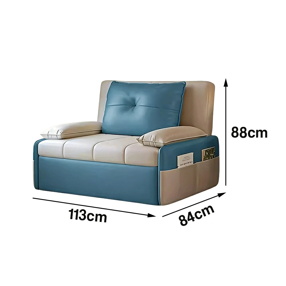 LIVARA 77/113cm Sofa Bed, Sofa to Bed Design, Leather-Look Performance Fabric, Steel Frame, Side Storage Pocket - Beige&Blue