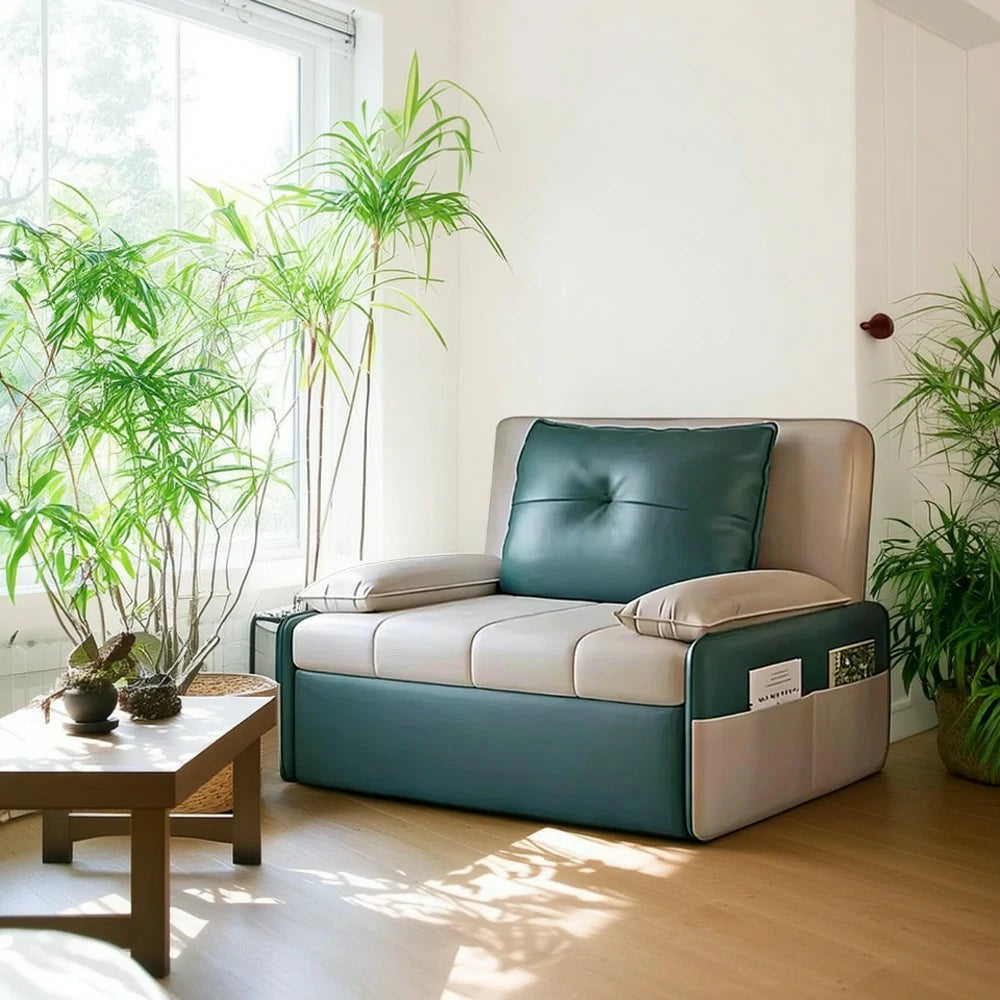 LIVARA 77/113cm Sofa Bed, Sofa to Bed Design, Leather-Look Performance Fabric, Steel Frame, Side Storage Pocket - Beige&Green