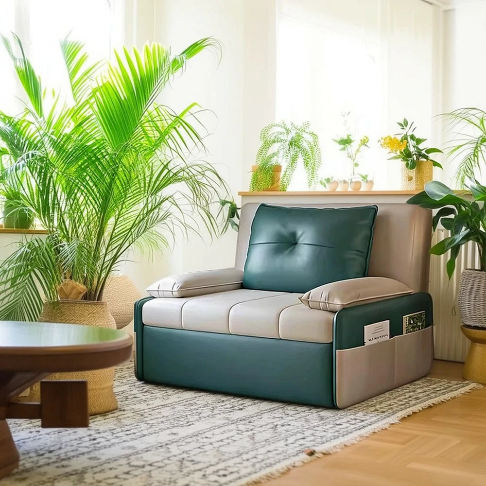 LIVARA 77/113cm Sofa Bed, Sofa to Bed Design, Leather-Look Performance Fabric, Steel Frame, Side Storage Pocket - Beige&Green