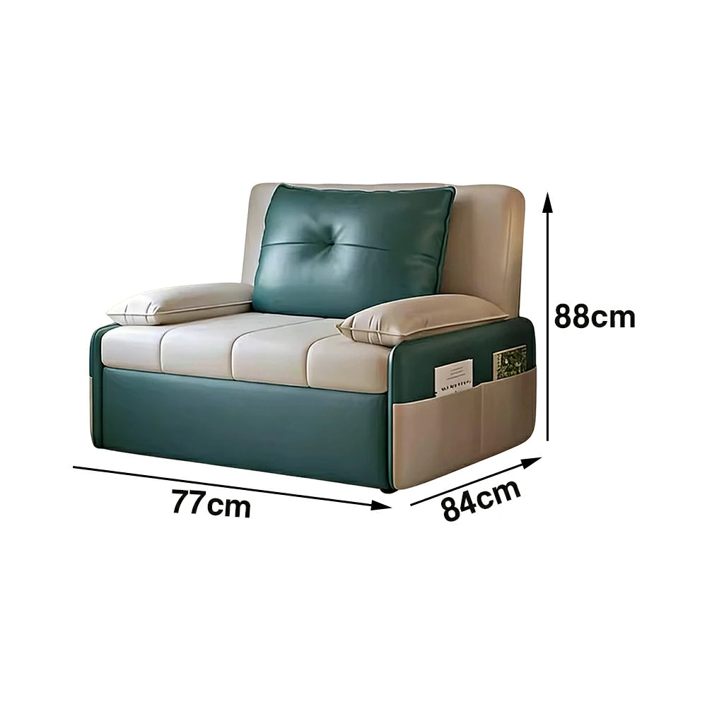 LIVARA 77/113cm Sofa Bed, Sofa to Bed Design, Leather-Look Performance Fabric, Steel Frame, Side Storage Pocket - Beige&Green