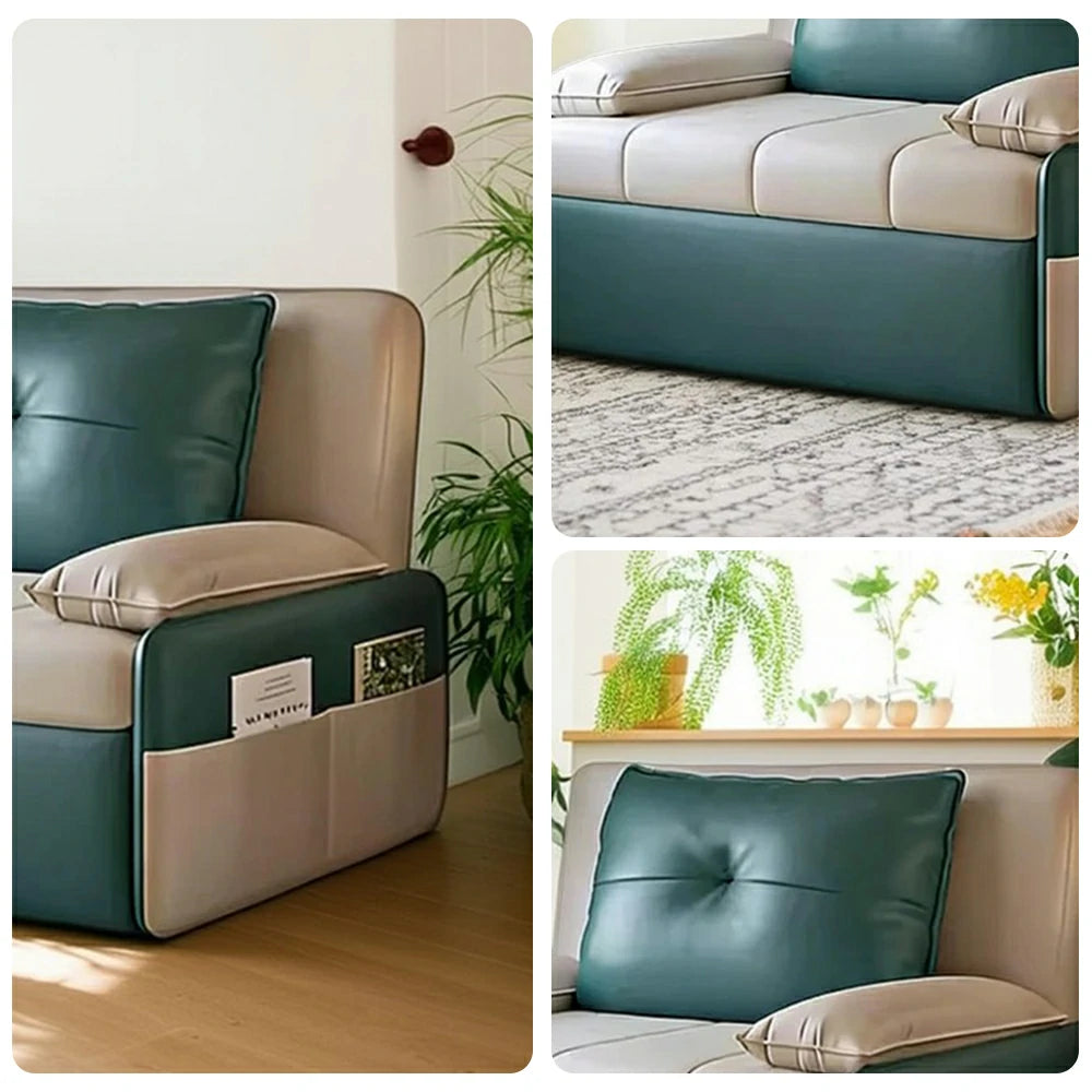 LIVARA 77/113cm Sofa Bed, Sofa to Bed Design, Leather-Look Performance Fabric, Steel Frame, Side Storage Pocket - Beige&Green