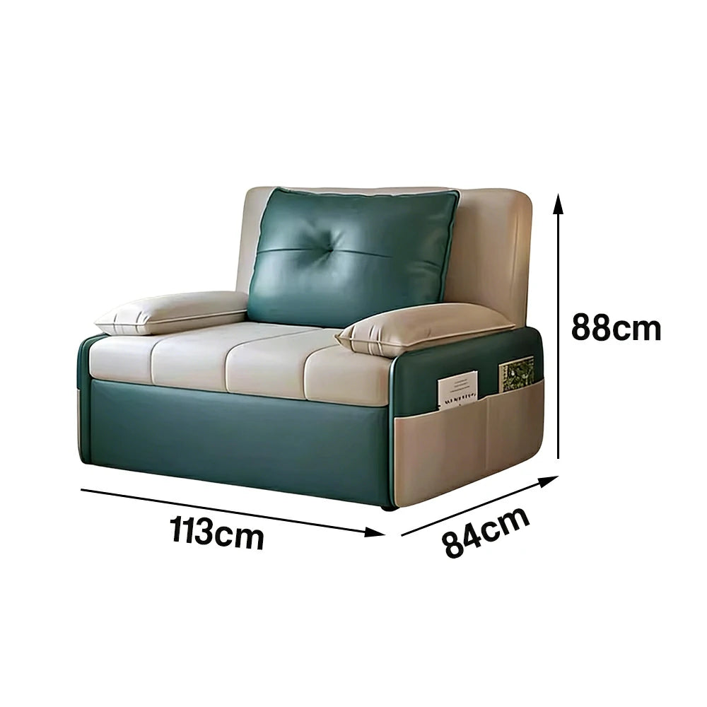 LIVARA 77/113cm Sofa Bed, Sofa to Bed Design, Leather-Look Performance Fabric, Steel Frame, Side Storage Pocket - Beige&Green