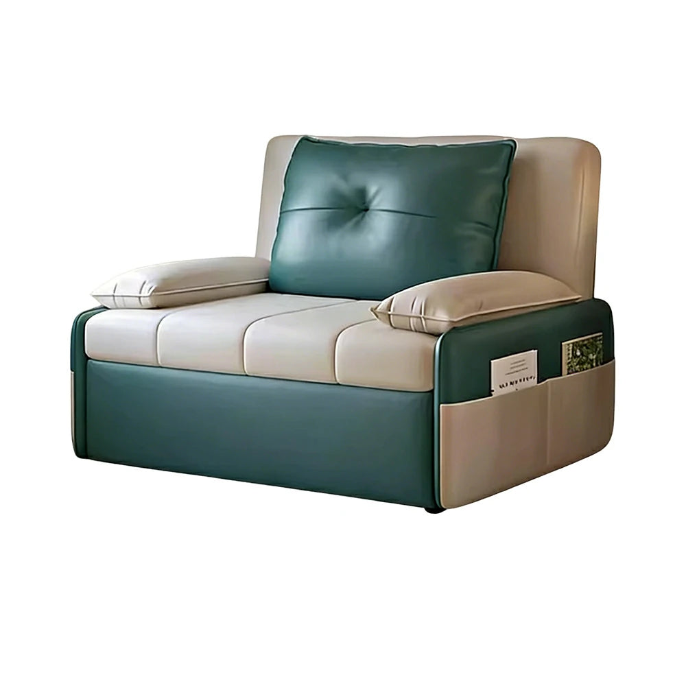 LIVARA 77/113cm Sofa Bed, Sofa to Bed Design, Leather-Look Performance Fabric, Steel Frame, Side Storage Pocket - Beige&Green