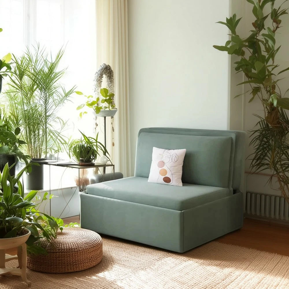 LIVARA 82/102cm Sofa Bed, Sofa to Bed Convertible Design, Soft Velvet Upholstery, Carbon Steel Frame, Removable Cover with Rollers - Green
