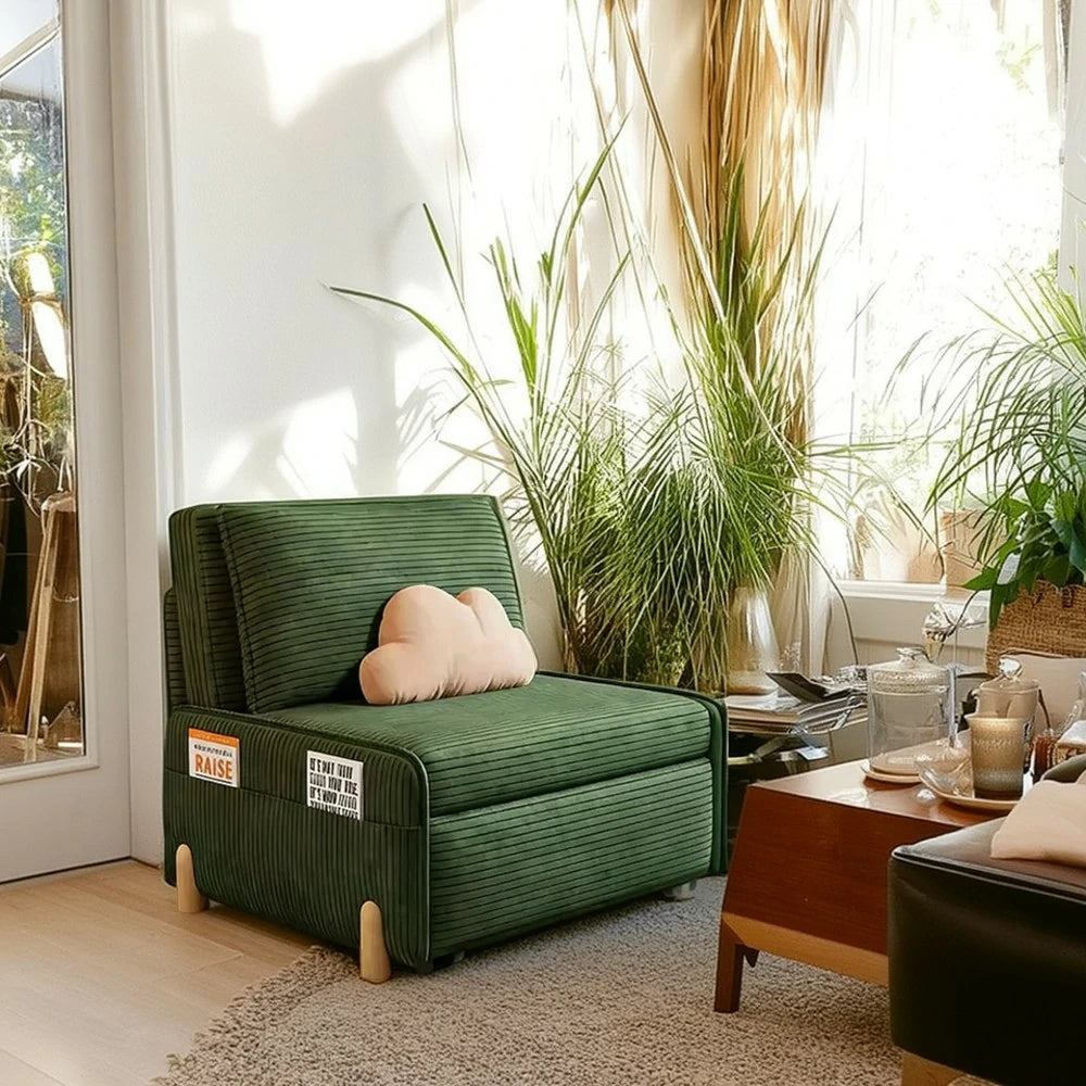 LIVARA 77/113cm Sofa Bed, Sit Lounge Sleep Design, Soft Corduroy Upholstery, Steel Frame, Dual Side Storage Pockets - Green