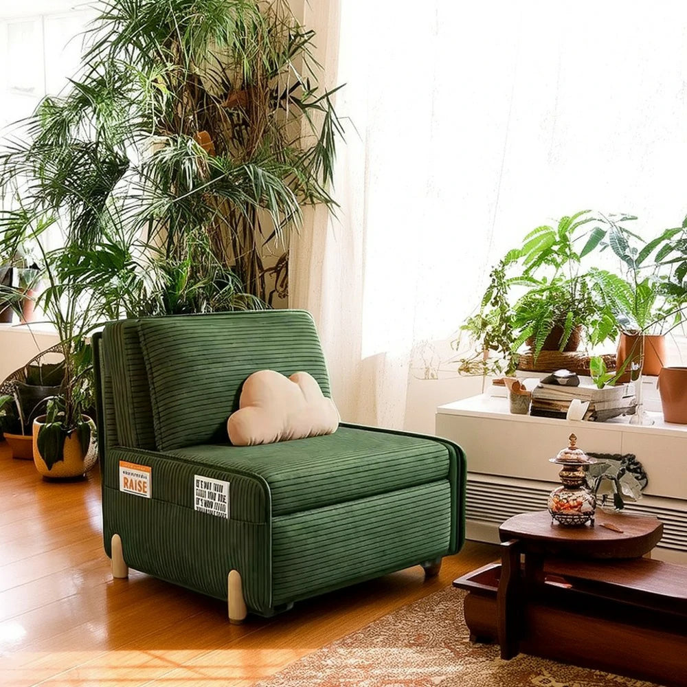 LIVARA 77/113cm Sofa Bed, Sit Lounge Sleep Design, Soft Corduroy Upholstery, Steel Frame, Dual Side Storage Pockets - Green