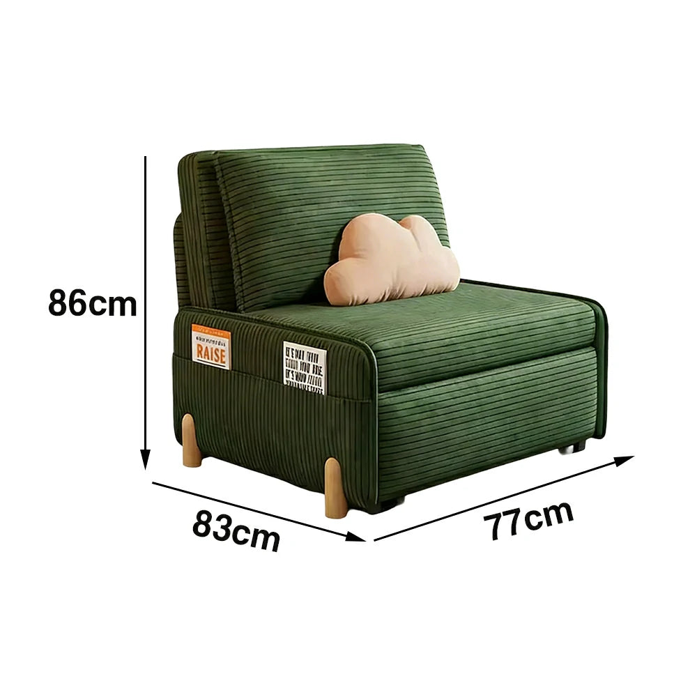 LIVARA 77/113cm Sofa Bed, Sit Lounge Sleep Design, Soft Corduroy Upholstery, Steel Frame, Dual Side Storage Pockets - Green