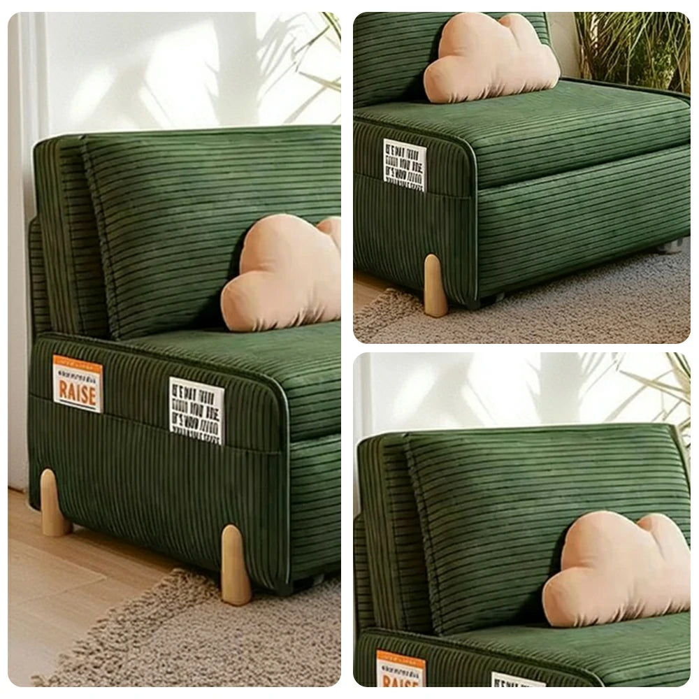 LIVARA 77/113cm Sofa Bed, Sit Lounge Sleep Design, Soft Corduroy Upholstery, Steel Frame, Dual Side Storage Pockets - Green