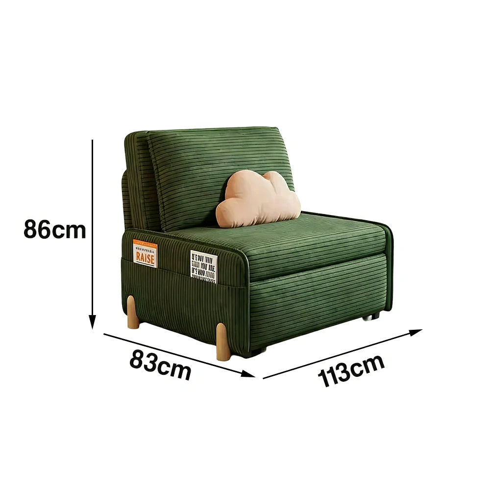LIVARA 77/113cm Sofa Bed, Sit Lounge Sleep Design, Soft Corduroy Upholstery, Steel Frame, Dual Side Storage Pockets - Green