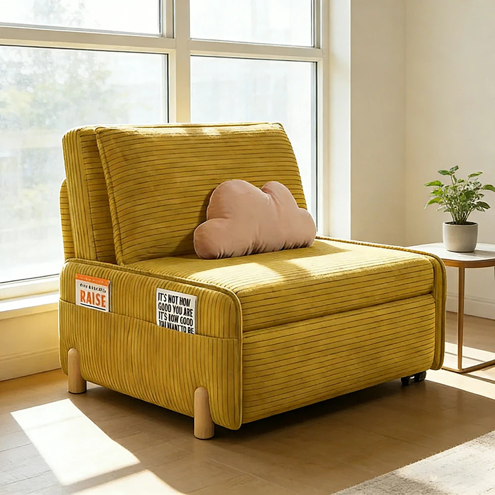 LIVARA 77/113cm Sofa Bed, Sit Lounge Sleep Design, Soft Corduroy Upholstery, Steel Frame, Dual Side Storage Pockets - Yellow