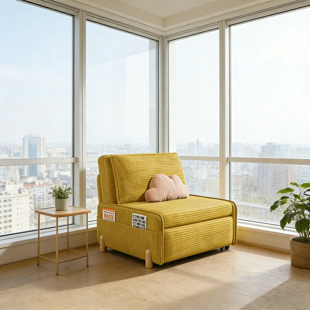 LIVARA 77/113cm Sofa Bed, Sit Lounge Sleep Design, Soft Corduroy Upholstery, Steel Frame, Dual Side Storage Pockets - Yellow