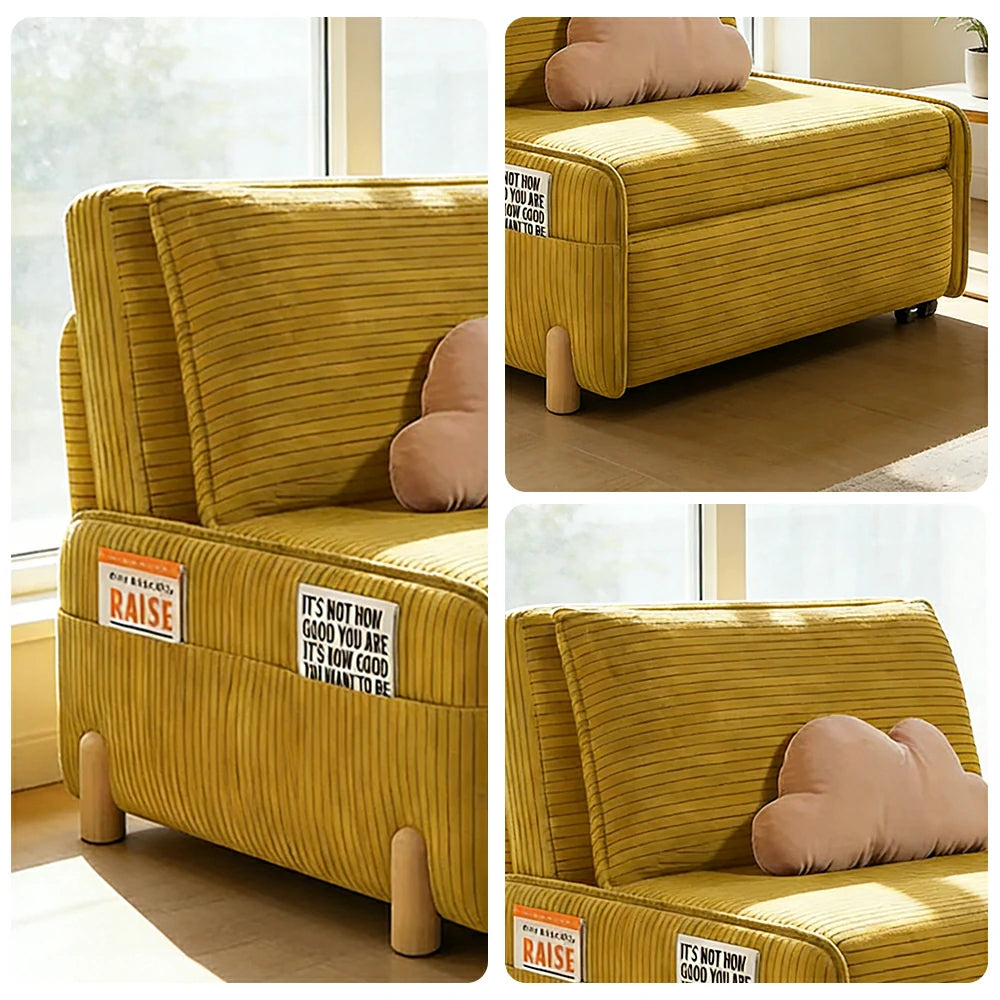 LIVARA 77/113cm Sofa Bed, Sit Lounge Sleep Design, Soft Corduroy Upholstery, Steel Frame, Dual Side Storage Pockets - Yellow