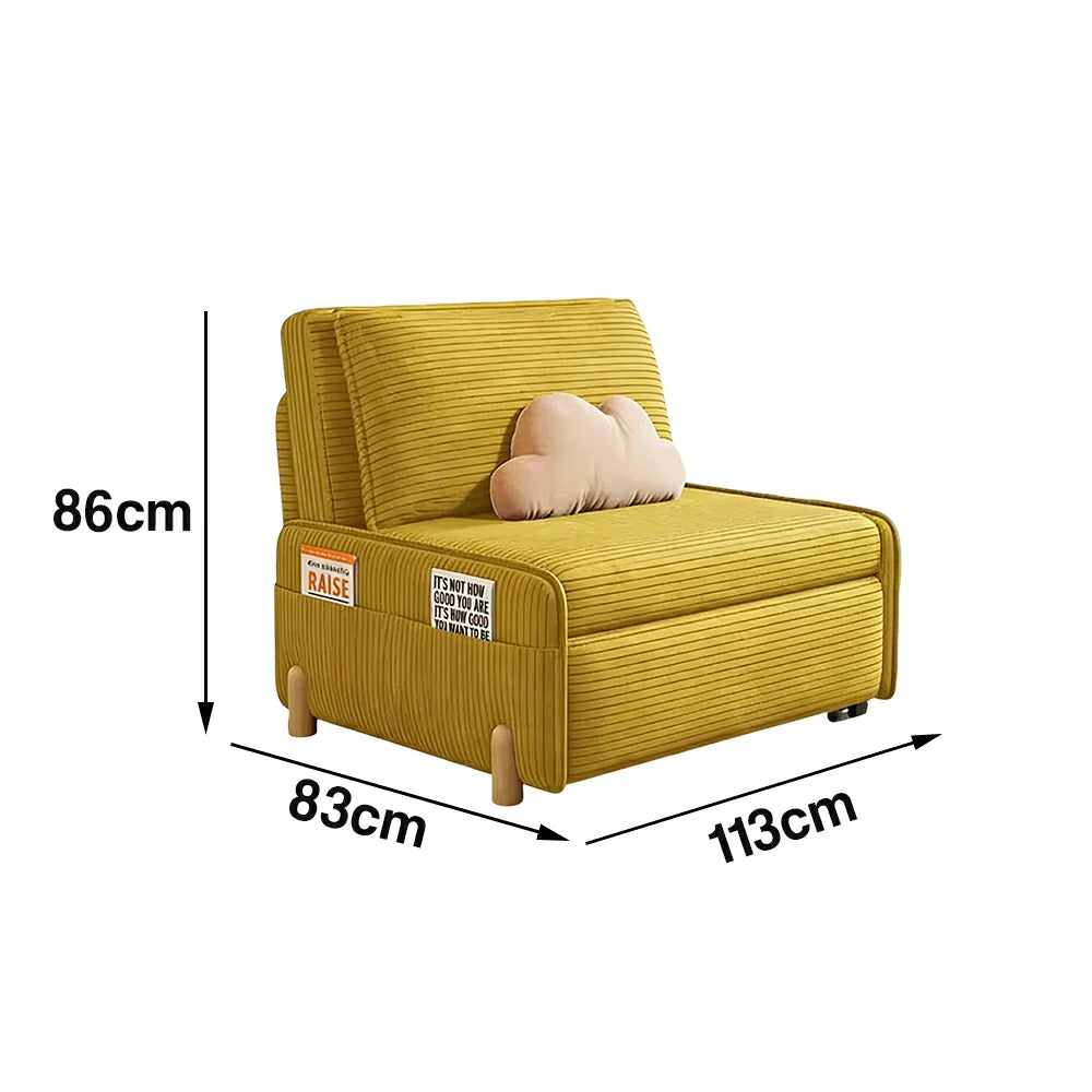LIVARA 77/113cm Sofa Bed, Sit Lounge Sleep Design, Soft Corduroy Upholstery, Steel Frame, Dual Side Storage Pockets - Yellow