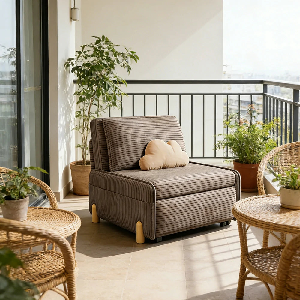 LIVARA 77/113cm Sofa Bed, Sit Lounge Sleep Design, Soft Corduroy Upholstery, Steel Frame, Dual Side Storage Pockets - Coffee
