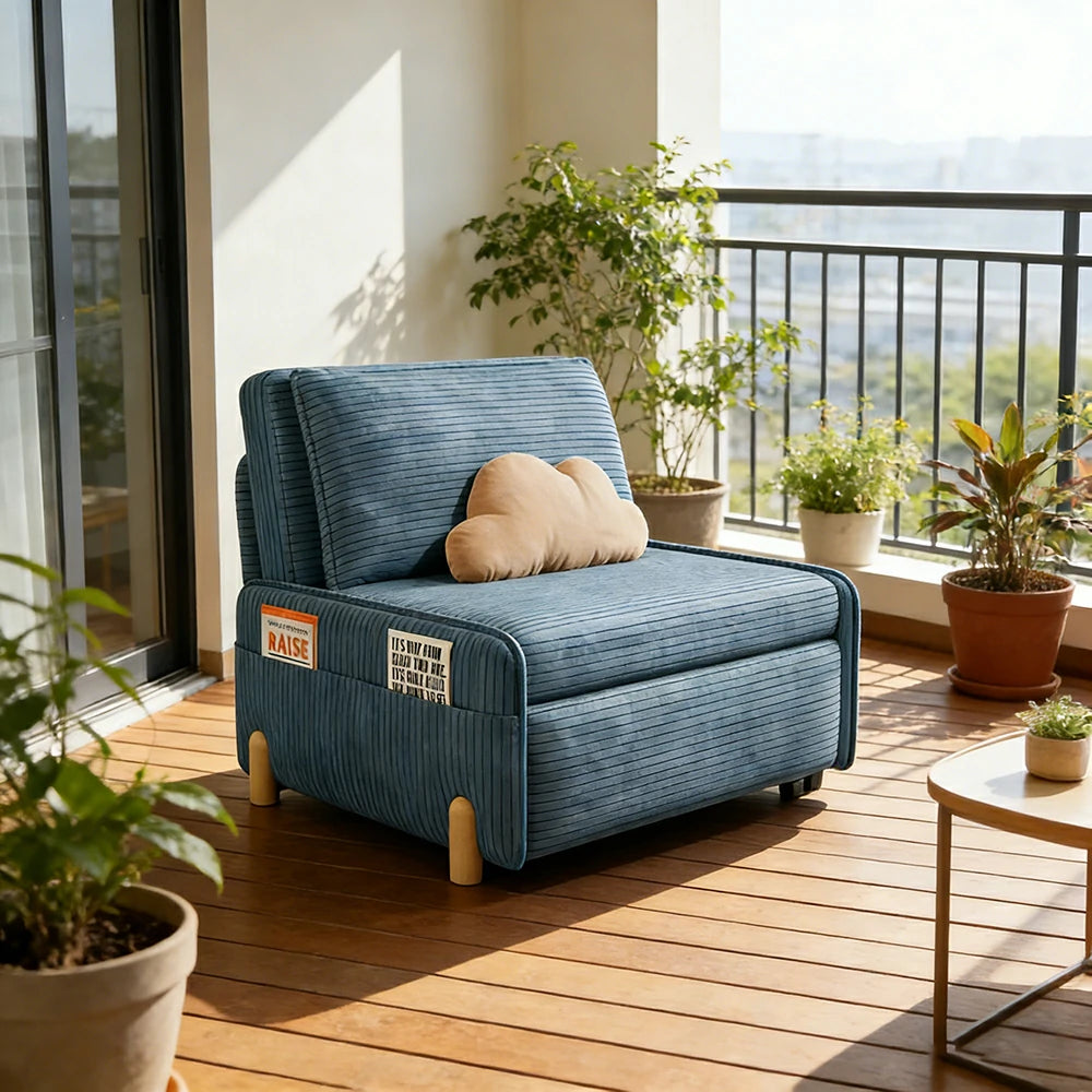 LIVARA 77/113cm Sofa Bed, Sit Lounge Sleep Design, Soft Corduroy Upholstery, Steel Frame, Dual Side Storage Pockets - Blue