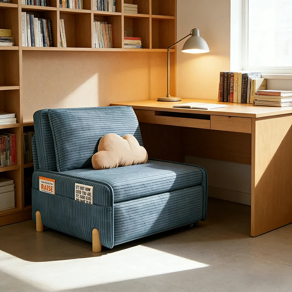 LIVARA 77/113cm Sofa Bed, Sit Lounge Sleep Design, Soft Corduroy Upholstery, Steel Frame, Dual Side Storage Pockets - Blue