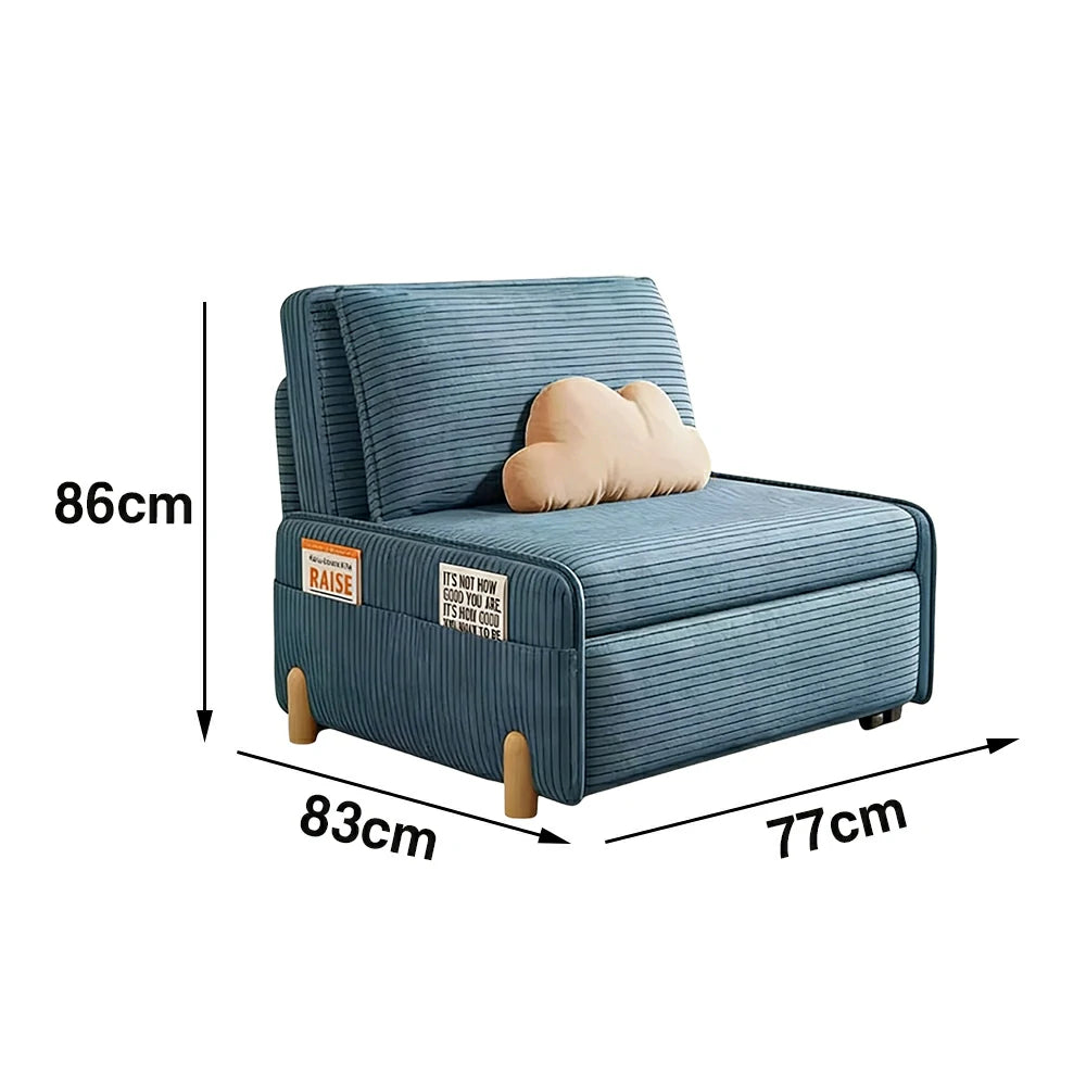 LIVARA 77/113cm Sofa Bed, Sit Lounge Sleep Design, Soft Corduroy Upholstery, Steel Frame, Dual Side Storage Pockets - Blue