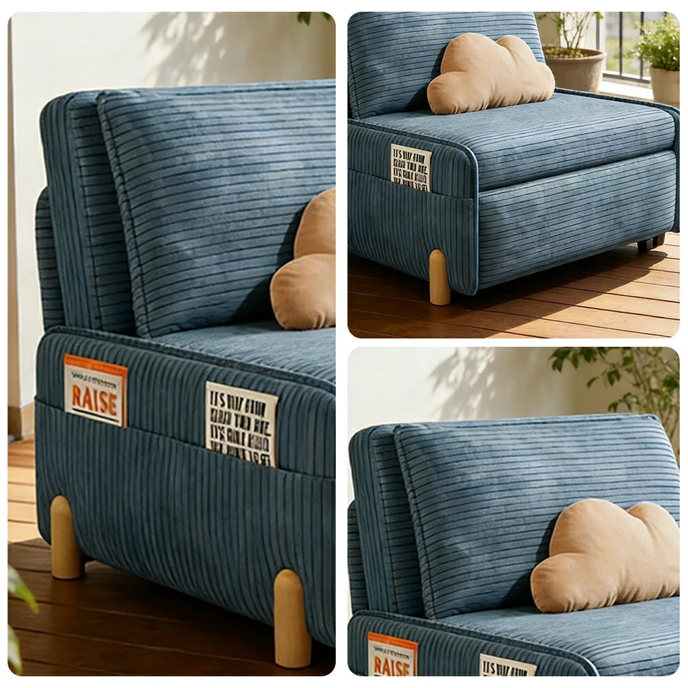 LIVARA 77/113cm Sofa Bed, Sit Lounge Sleep Design, Soft Corduroy Upholstery, Steel Frame, Dual Side Storage Pockets - Blue