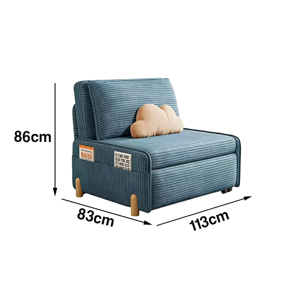 LIVARA 77/113cm Sofa Bed, Sit Lounge Sleep Design, Soft Corduroy Upholstery, Steel Frame, Dual Side Storage Pockets - Blue