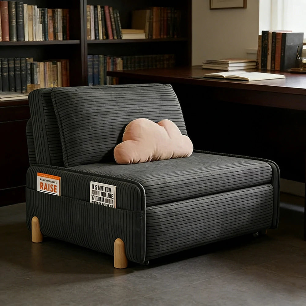LIVARA 77/113cm Sofa Bed, Sit Lounge Sleep Design, Soft Corduroy Upholstery, Steel Frame, Dual Side Storage Pockets - Grey