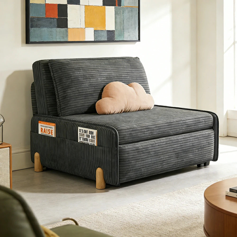 LIVARA 77/113cm Sofa Bed, Sit Lounge Sleep Design, Soft Corduroy Upholstery, Steel Frame, Dual Side Storage Pockets - Grey