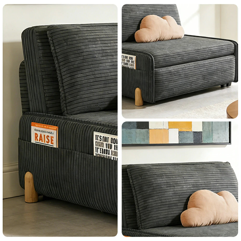 LIVARA 77/113cm Sofa Bed, Sit Lounge Sleep Design, Soft Corduroy Upholstery, Steel Frame, Dual Side Storage Pockets - Grey