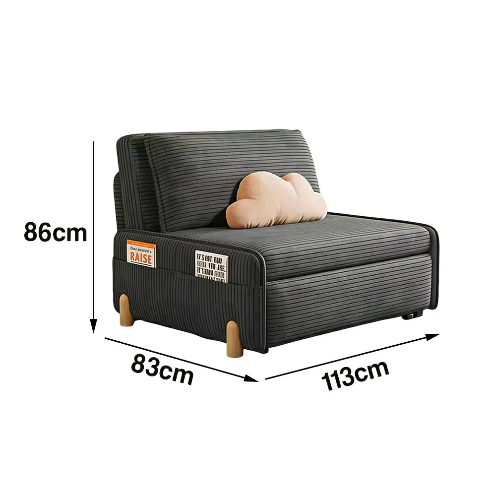 LIVARA 77/113cm Sofa Bed, Sit Lounge Sleep Design, Soft Corduroy Upholstery, Steel Frame, Dual Side Storage Pockets - Grey