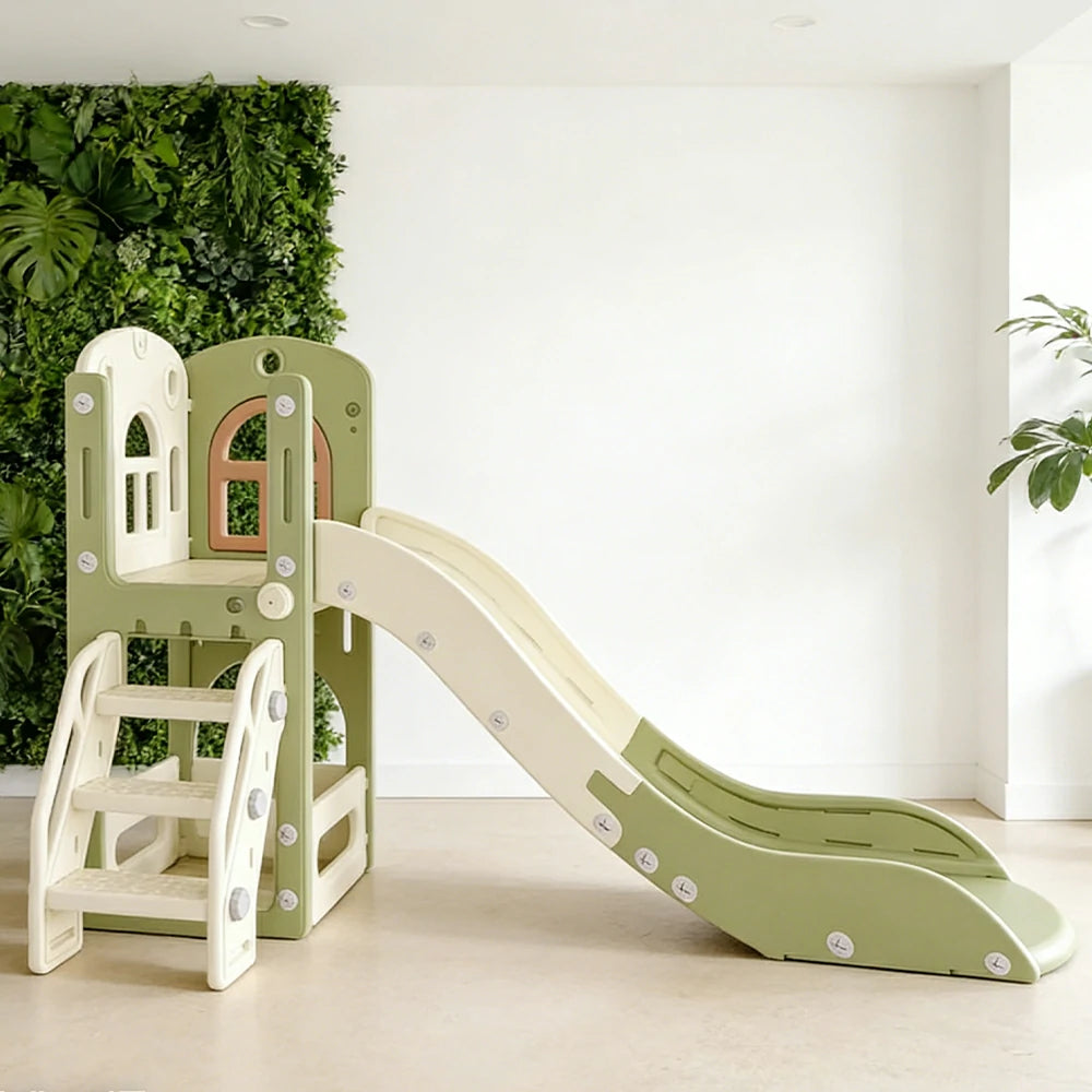 LIVARA Kids Slide, Anti-Slip Textured Surface, Stable Reinforced Base, Durable Plastic, Built-in Storage Basket - Green