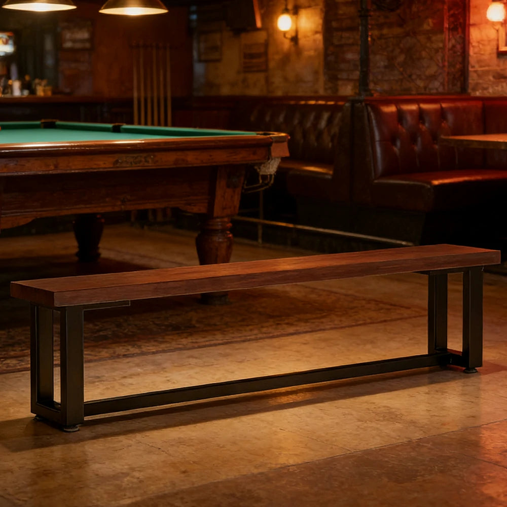 LIVARA 120/140cm Solid Wood Bench Seating - Heavy-Duty Dining & Pool Table Bench with Metal Frame, Multi-Purpose Long Bench for Home & Game Rooms - Walnut Brown