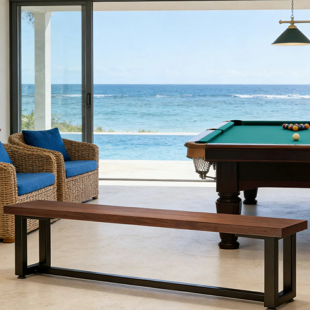 LIVARA 120/140cm Solid Wood Bench Seating - Heavy-Duty Dining & Pool Table Bench with Metal Frame, Multi-Purpose Long Bench for Home & Game Rooms - Walnut Brown