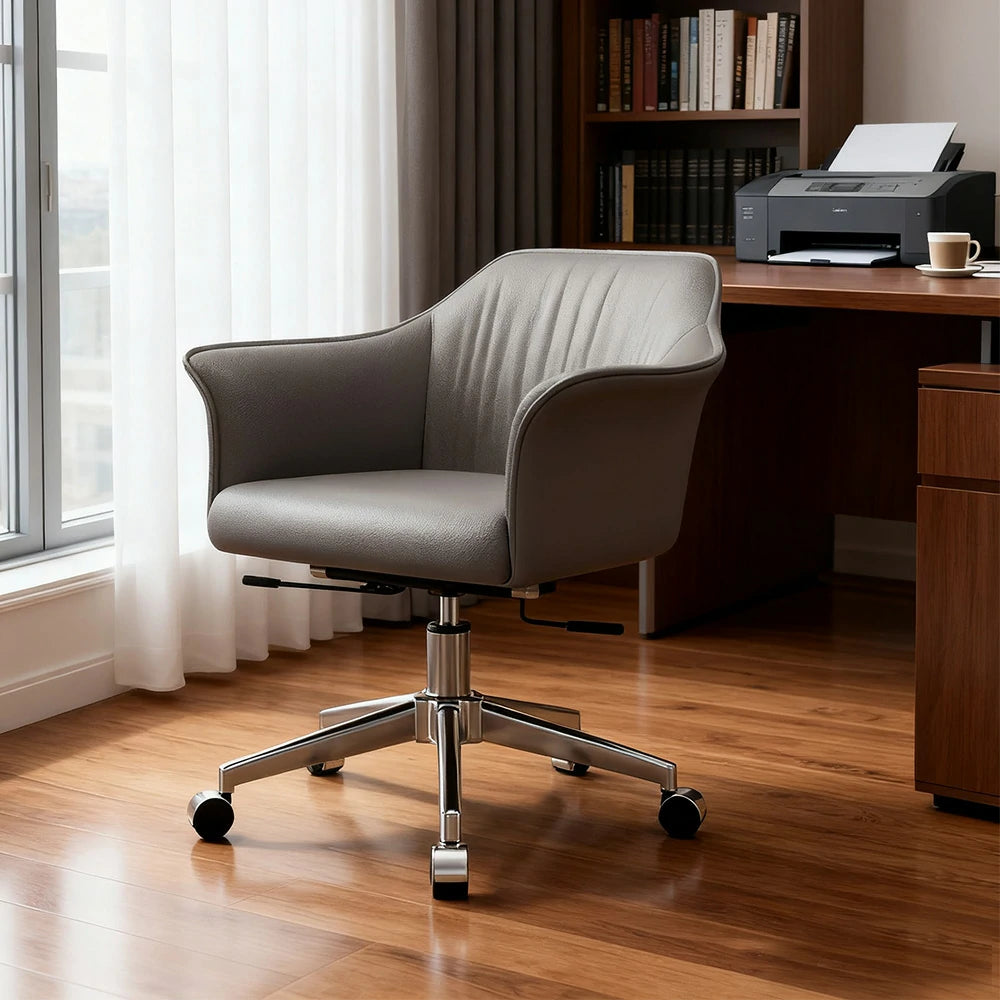 LIVARA Office Chair – Imported Nappa Leather, Ergonomic Design with Armrests, High-Density Cushion, 360° Swivel Base, Smooth Rolling Wheels, Modern Durable Style - Grey