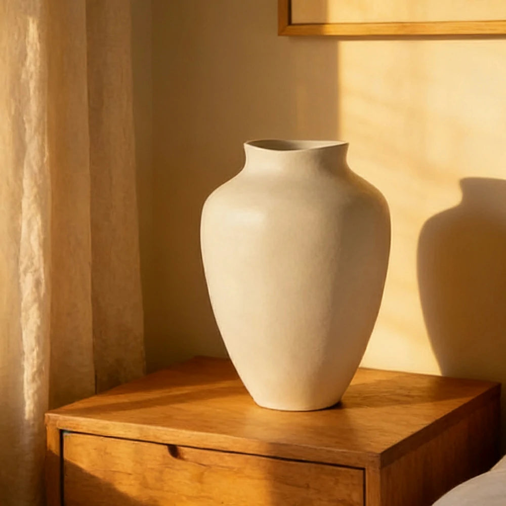 LIVARA Ceramic Vase Ornament Artistic Display Matte Ceramic Handcrafted Stone-Texture Design - White