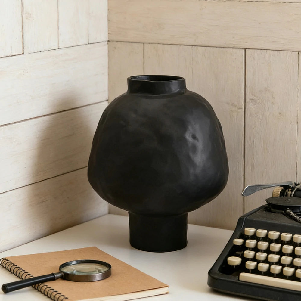 LIVARA French-Style Ceramic Vase Ornament Artistic Display Matte Ceramic Handcrafted Stone-Texture Design - Black