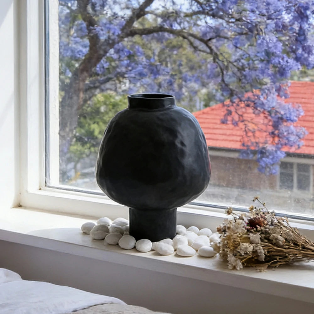 LIVARA French-Style Ceramic Vase Ornament Artistic Display Matte Ceramic Handcrafted Stone-Texture Design - Black
