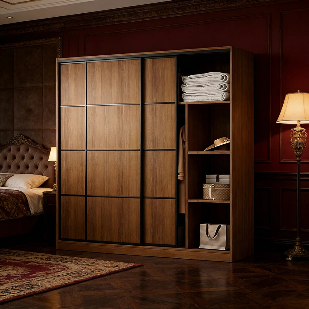 LIVARA 180/200cm Sliding Door Wardrobe - 3 Drawer Storage with Heavy-Duty Hanging Rail, Raised Base Design & Smooth Soft-Close System - Walnut