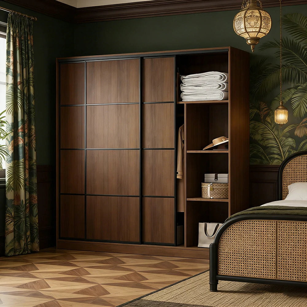 LIVARA 180/200cm Sliding Door Wardrobe - 3 Drawer Storage with Heavy-Duty Hanging Rail, Raised Base Design & Smooth Soft-Close System - Walnut