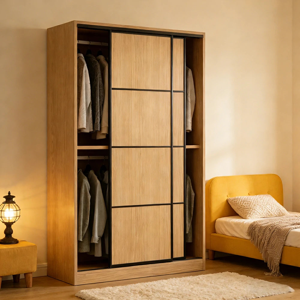 LIVARA 80/120cm Sliding Door Wardrobe - 3 Drawer Storage with Heavy-Duty Hanging Rail, Raised Base Design & Smooth Soft-Close System - Wood