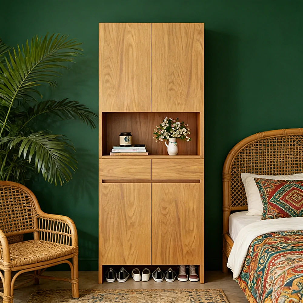 LIVARA 80/100cm Storage Cabinet - Multi-Shelf & Drawer Organiser with Eco Solid Wood Panels, Slim 35cm Depth & Flush Wall Design